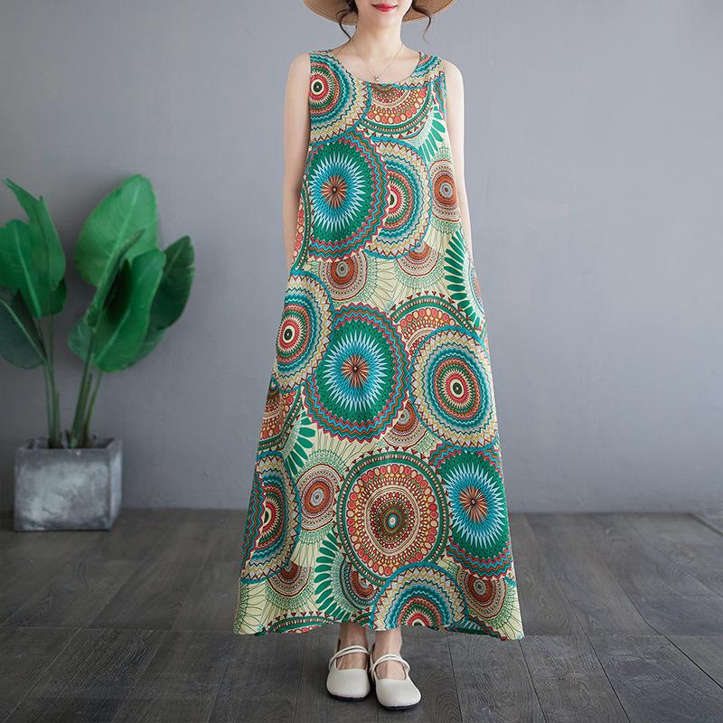 

Летнее ретро свободное хлопковое льняное платье с круглым вырезом без рукавов жилет средней длины для женщин повседневные платья XL