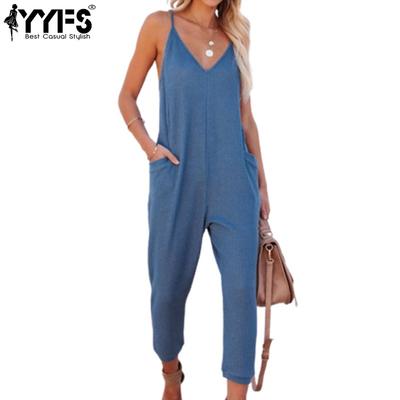 Pantaloni e tute da donna alla moda casual, estivi e primaverili, tinta unita, con stampa, senza maniche, scollo a V, larghi e con vita alta.
