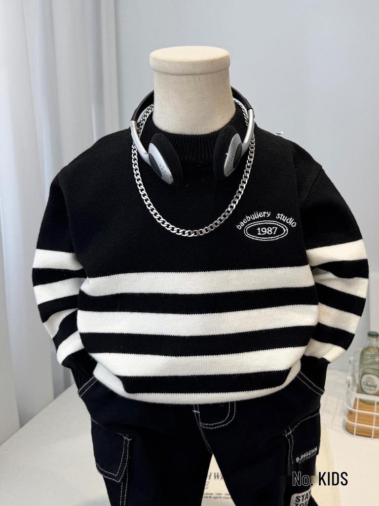 Striped Knit Sweater for Boys - Cozy Autumn/Winter 2025 Korean Style Pullover