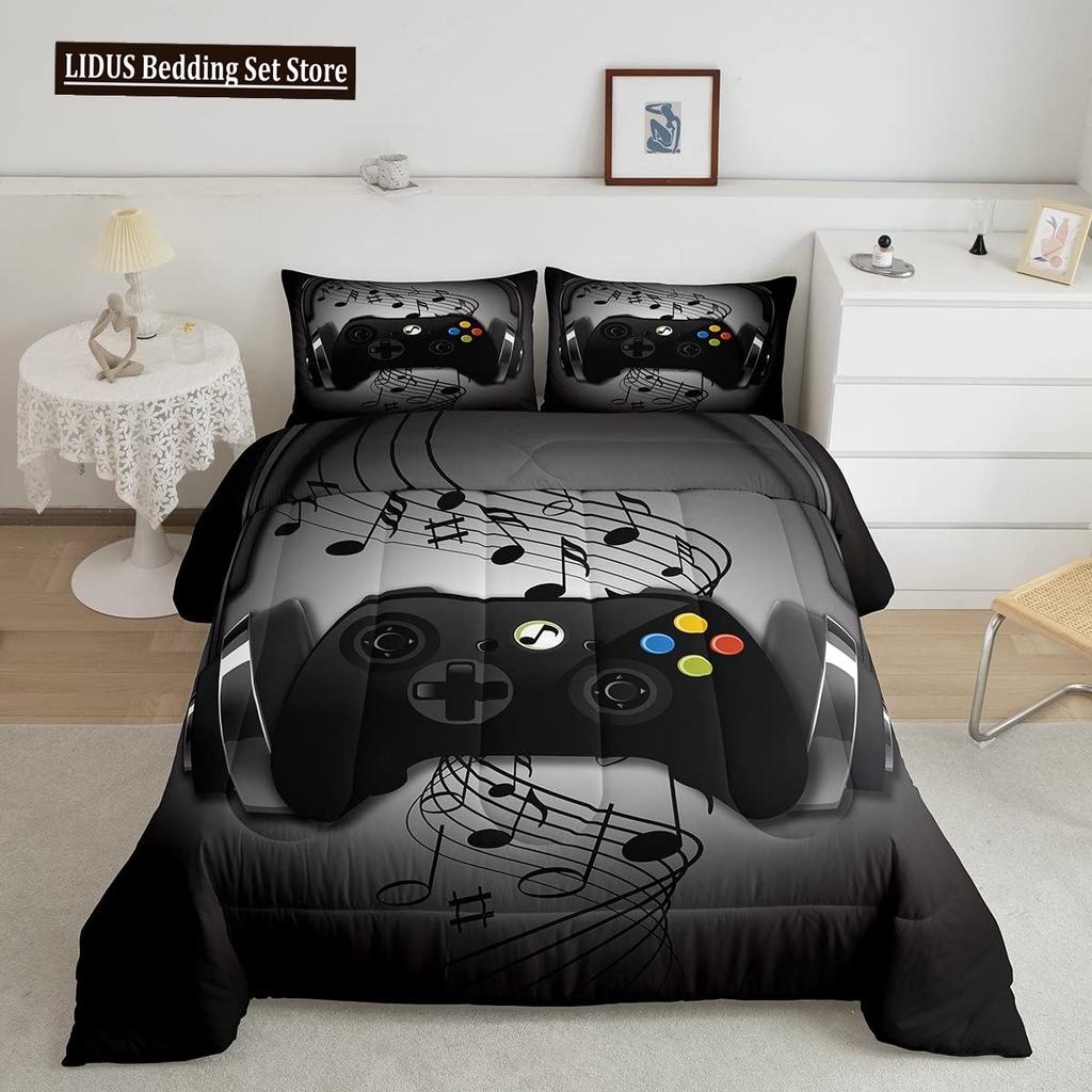 Gamer Duvet Cover Set Rotating Music Comforter Cover Gamepad Gaming Bedding Set For Boys Headphone Bedspreads Cover Queen Size