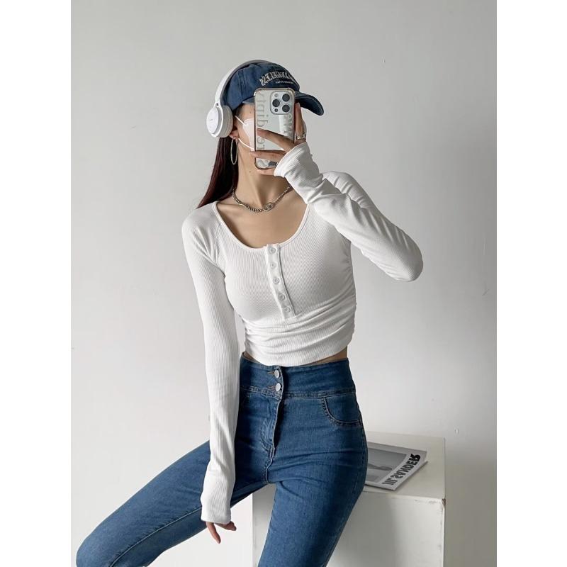 Autumn New Round Neck Single Breasted Slim Fit Navel Exposed Short Side Pleated Women s T-shirt Tops Wholesale S белый