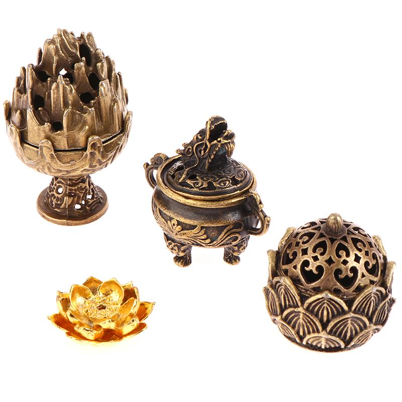 1Pc Retro Alloy Small Lotus Mountain Hollow Out Incense Stick Burner Incense Holder With Cover Home Decoration Crafts