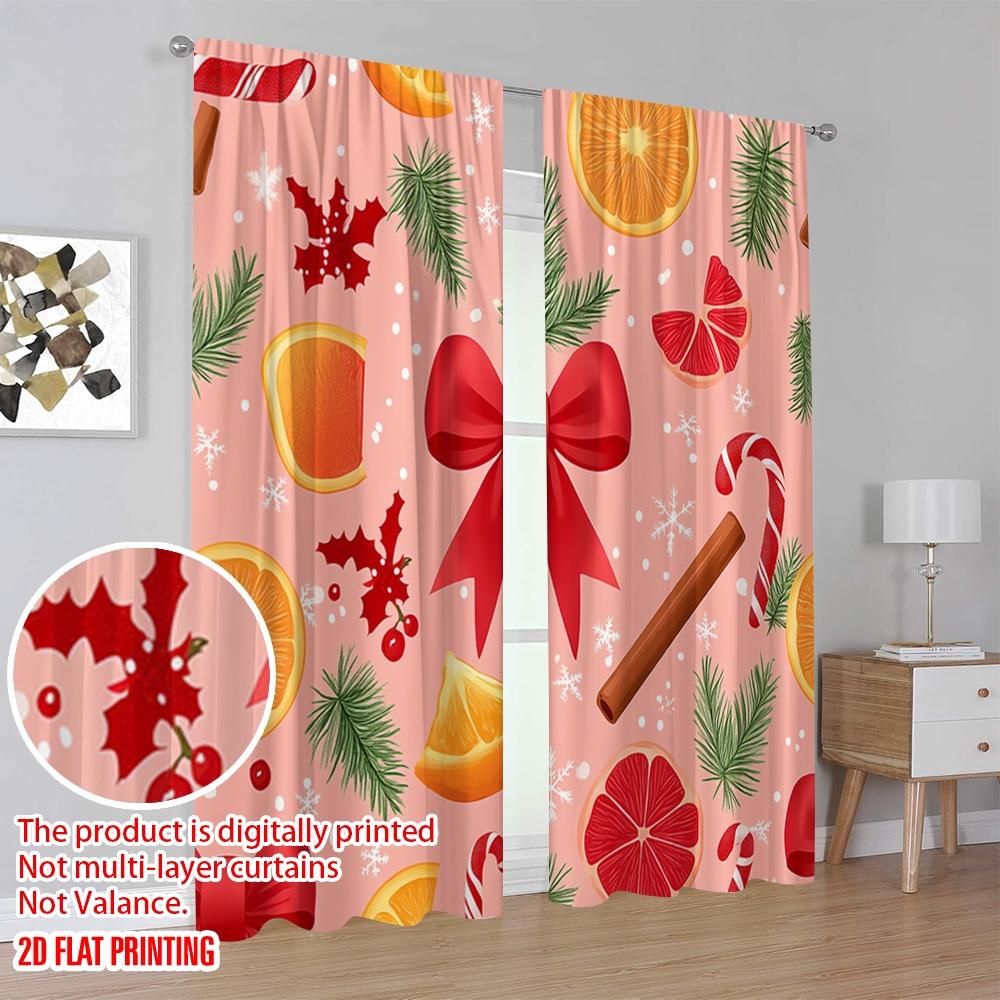 2pcs,2D plane printing Light Filtering Curtains Christmas Bows Candy Cane Ornaments (4) 100% Polyester (without rod) All Seasons