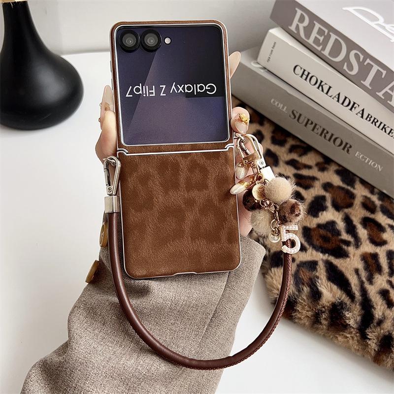 Samsung ZFLIP7 Leopard Print Case with Silver Edge & Hand Strap - Fits ZFLIP6/5