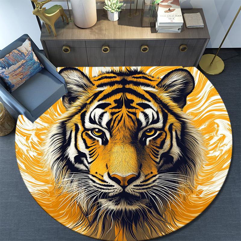 Golden Tiger Round Area Rug,Carpet Rug for Living Room Bedroom Sofa Playroom Decor,Non-slip Floor Mat
