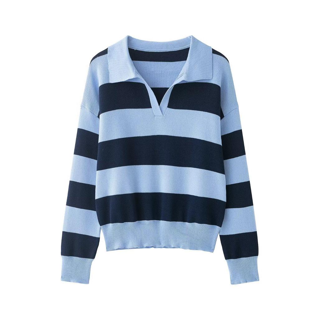 Spring 2026 Women's European & American Striped Lapel Knit Pullover Sweater