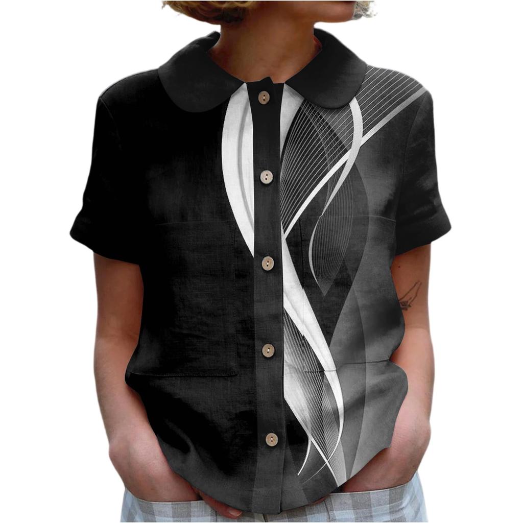 Women's Casual Fashionable Printing O Neck Button Short Sleeved Top