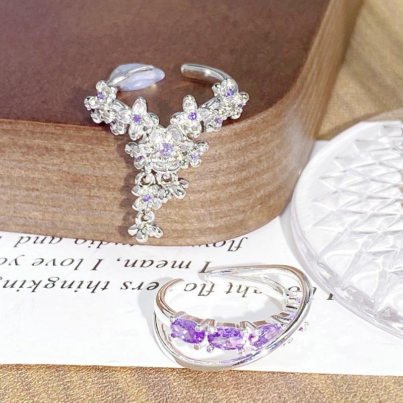 Super Fairy Light Luxury High-End Purple Zircon Row Diamond Flower Opening Ring Niche Full Of Diamonds Sweet And Cool Personality Ring Woman
