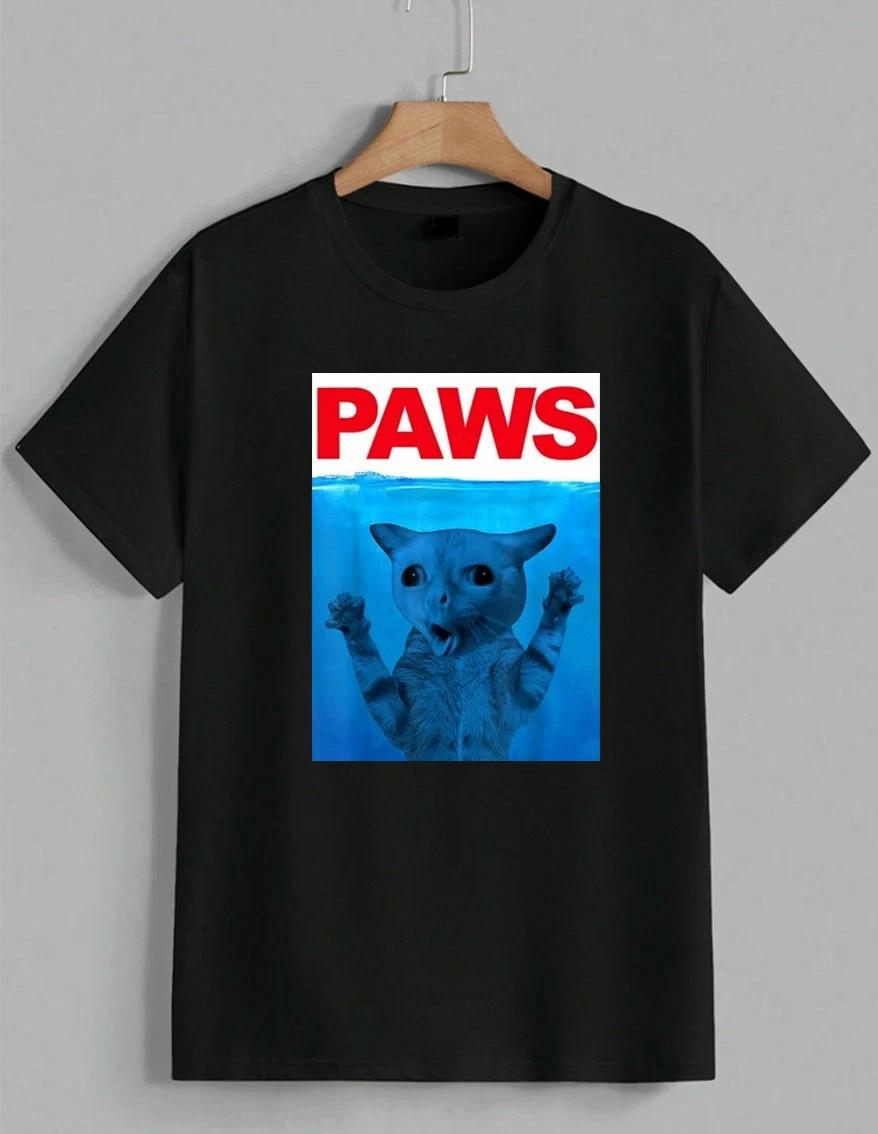 PAWS Funny Cat Jaws Kitten Lover Parody Meme Humor Graphic Tee T-Shirt Unisex XL