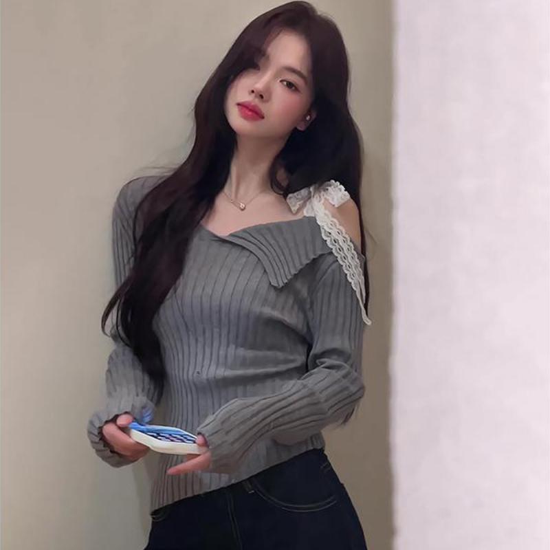 

Осенний облегающий свитер с неровным косым вырезом, сексуальный свитер, женский трикотажный свитер с кружевной лентой в стиле пэчворк, женский элегантный однотонный повседневный базовый трикотаж 25349 XL серый