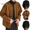 Men Woolen Coat Round Neck Long Sleeve Single Breasted Regular Fit Solid Color Jacket with Pockets Winter Overcoat