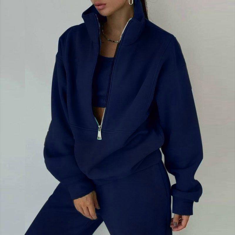 Fall and Winter New Arrival Fashion Stand Collar Zipper Fleece Loose Long Sleeve Sweatershirt Jogger Pants Pants Casual Sports Two-Piece Suit