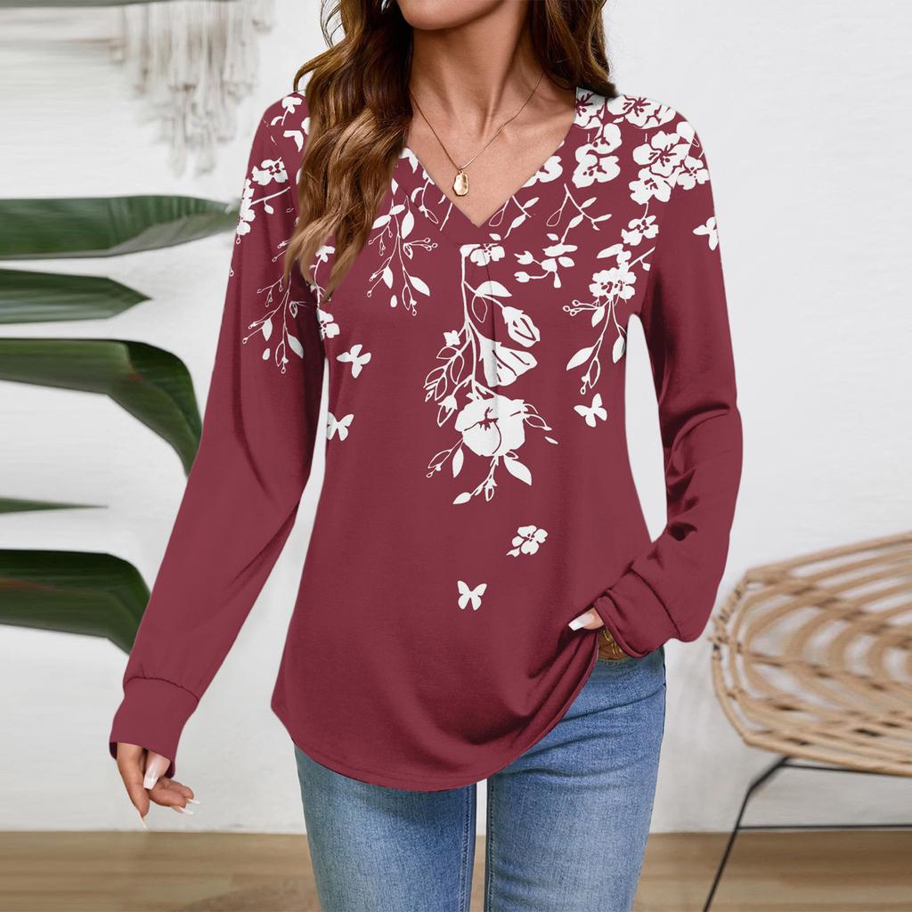 Women Long Sleeve Tops Dressy Casual V Neck Tshirts Basics Tee Vacation Fall Fashion Clothes