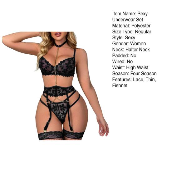 1 Set Sexy Bra Panties Garter Set Hollow Out See-through Lace Multi Strap High Waist Chain Decor Fishnet Elastic Thin Halter Neck Honeymoon