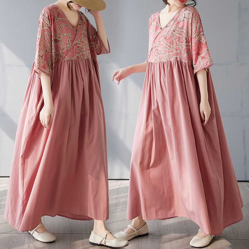 Cotton and Linen Patchwork Retro Style Dress, Long Skirt