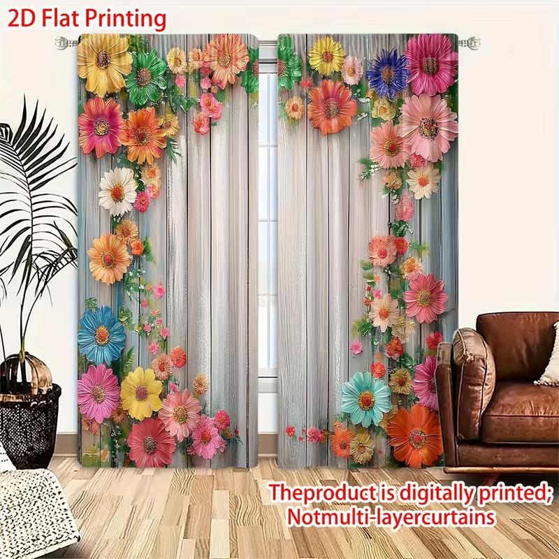 2PC Rustic Floral Wood Sheer Curtains - Vibrant Watercolor Flower Print Window Drapes for Living Room Bedroom Decor