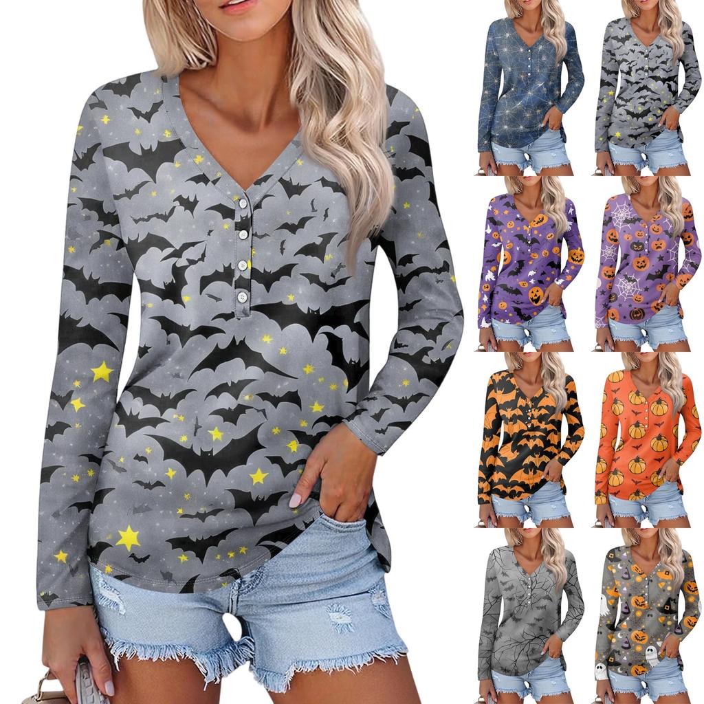 Women's Casual Fashion Sexy Comfort Halloween Printed V-Neck Button Long Sleeve
