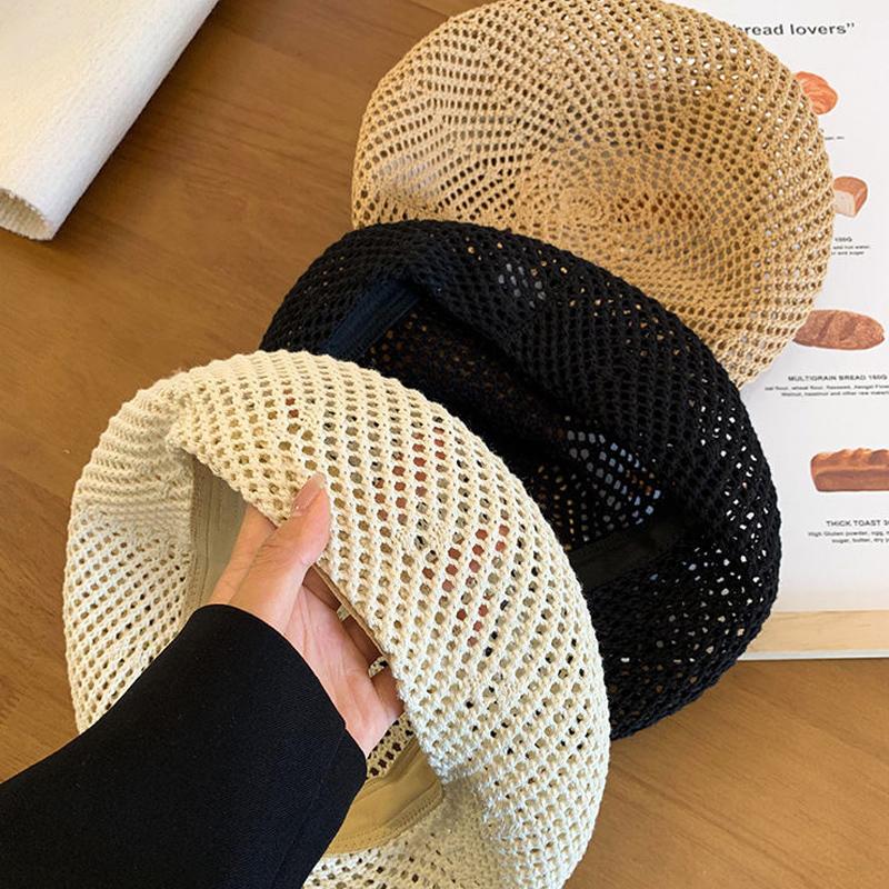 Ricygvm Summer Berets For Women Straw Hat Hollow Breathable Octagonal Cap Fashion Girls Artist Painter Caps Solid Color Bonnet