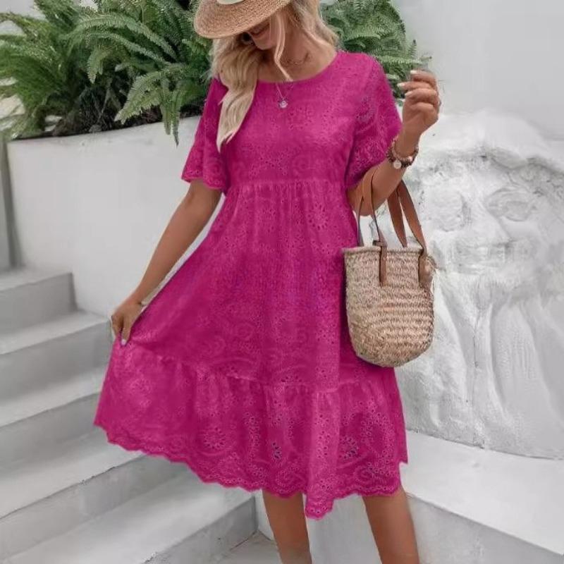 VEZFAA Moda damska Lato Wiosna Jednolity kolor Drukuj Krótki rękaw O-Neck Wysoka talia Casual Sukienki