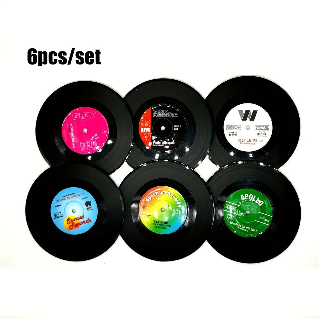 6pcsset Coasters,Vinyl Record Coasters,Creative Retro Classic Nostalgic American Rock CD Non Slip Insulation Pads,Heat Insulation Table Mat,Room Decor