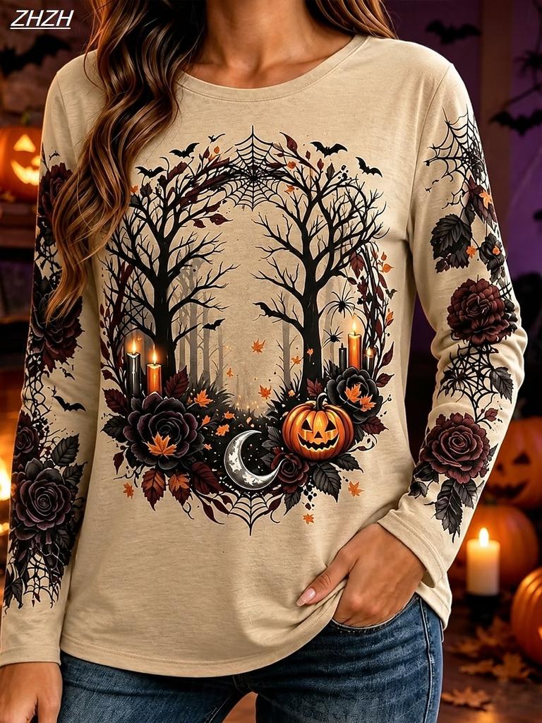 Halloween Women's T Shirt Print Graphic Skull Pumpkin Vintage Casual Trendy Long Sleeve Crew Neck