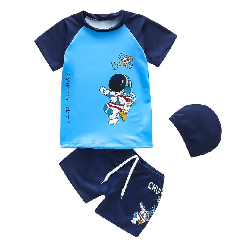 Cartoon Boys' Toddler Sun Protection Quick-Dry Swimsuit Set with Swim Cap