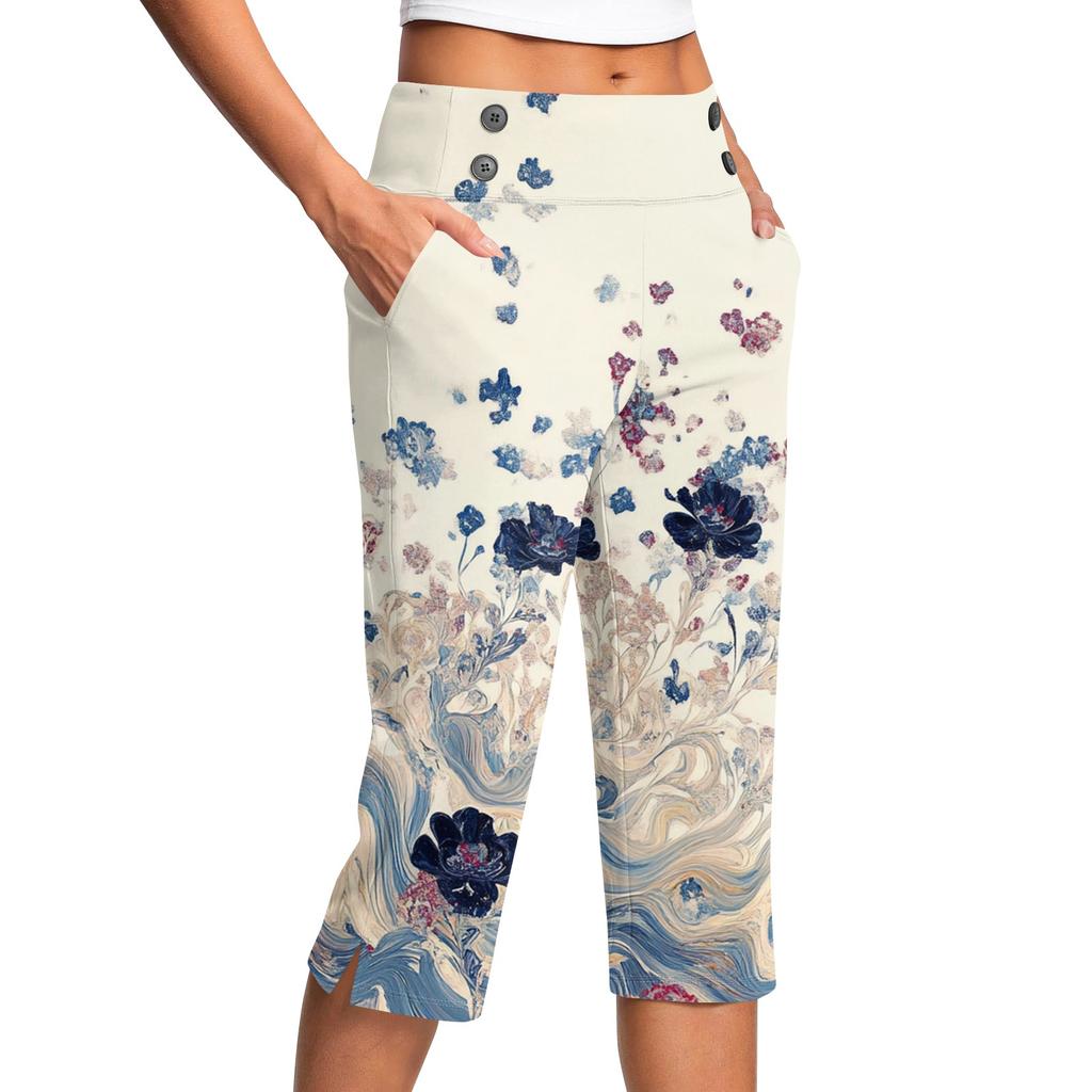 Women's Vintage Floral Print Button Pocket Trousers Slit High Waist Sports Yoga Casual Pants