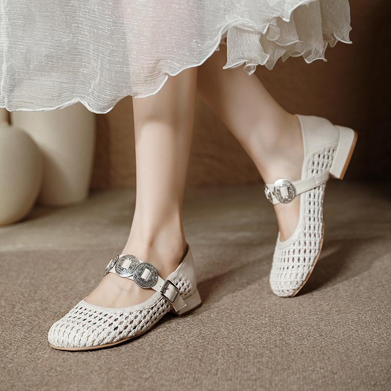 Woven Hollow Shoes Niche Mesh Toe Shoes Metal Buckle One-strap Women's Shoes Round Toe Flat Mary Jane Shoes