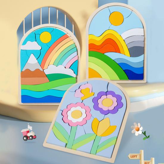 1 szt./3 szt. Zestaw puzzli z drewnianymi kształtami Motyw kwiatów, chmur, wschodu słońca Dopasowywanie kolorów Klocki poznawcze Rozwijanie umiejętności motorycznych Zabawka edukacyjna dla dzieci 3+ lat