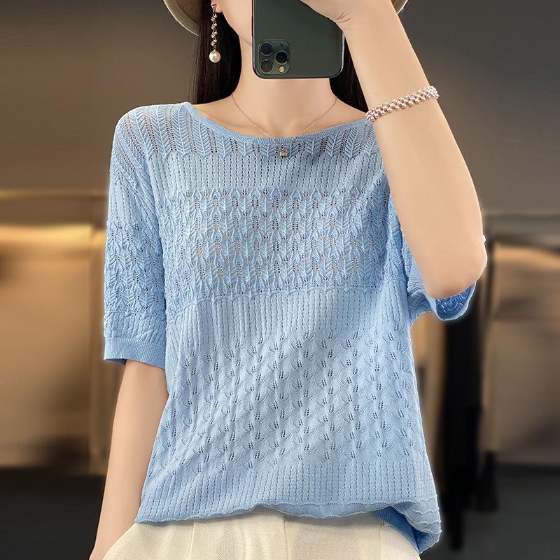 Neck Hollow Hook Flower Ice Silk Knitted Short-sleeved T-shirt for Women with Pullover Sexy Slightly Clear Comfortable Fit Bottoming Half-sleeved Top