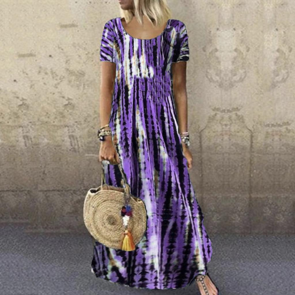 Women's Casual Loose Round Neck Short Sleeve Tie- Printed Long Hem Dress