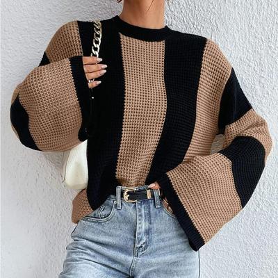 Women's Casual Stripe Patchwork Knit Sweater Round Neck Flared Long Sleeves Loose Fashion Knit Top Casual Versatile Soft Stylish Pullover Knit Coat