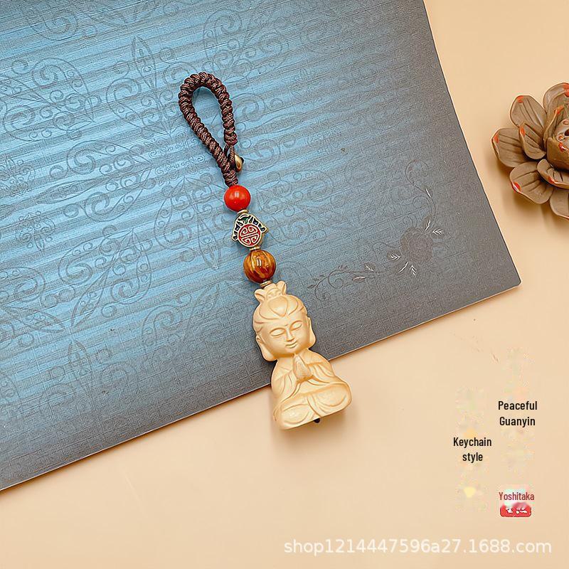 "Boxwood Buddha Guanyin Car Pendant: Creative Rearview Mirror Accessory for Men and Women"