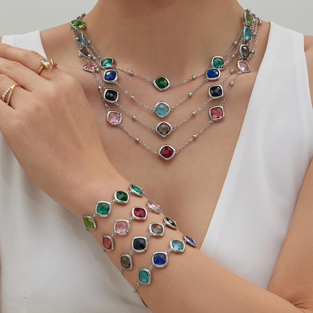 Stylish European & American Stainless Steel Jewelry Set with Square Faceted Glass Stones: Includes Bracelet, Necklace, and Earrings