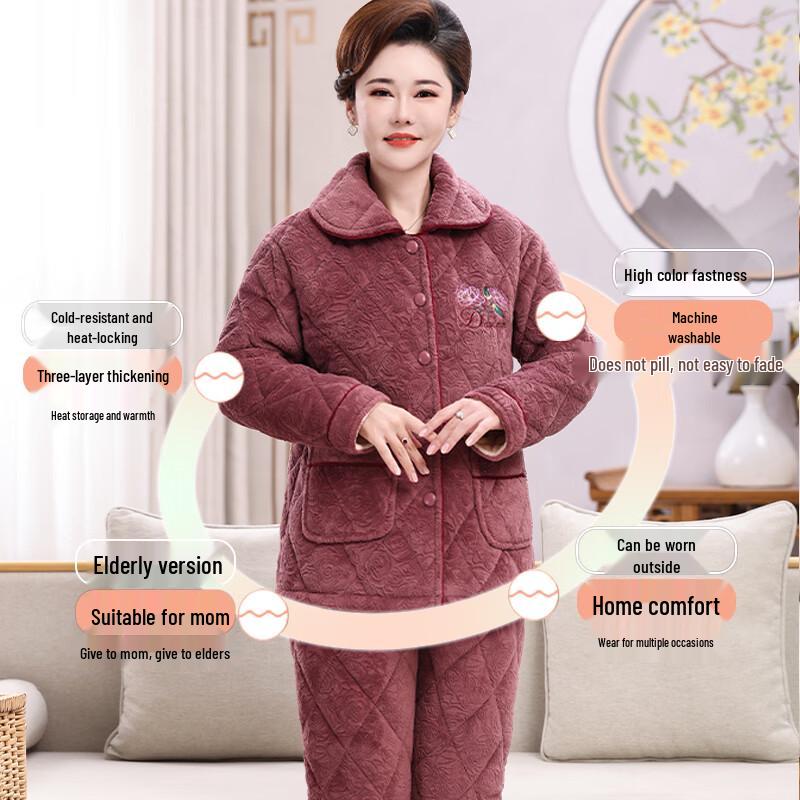 Langsang Women's Elderly Winter Quilted Thermal Pajama Set
