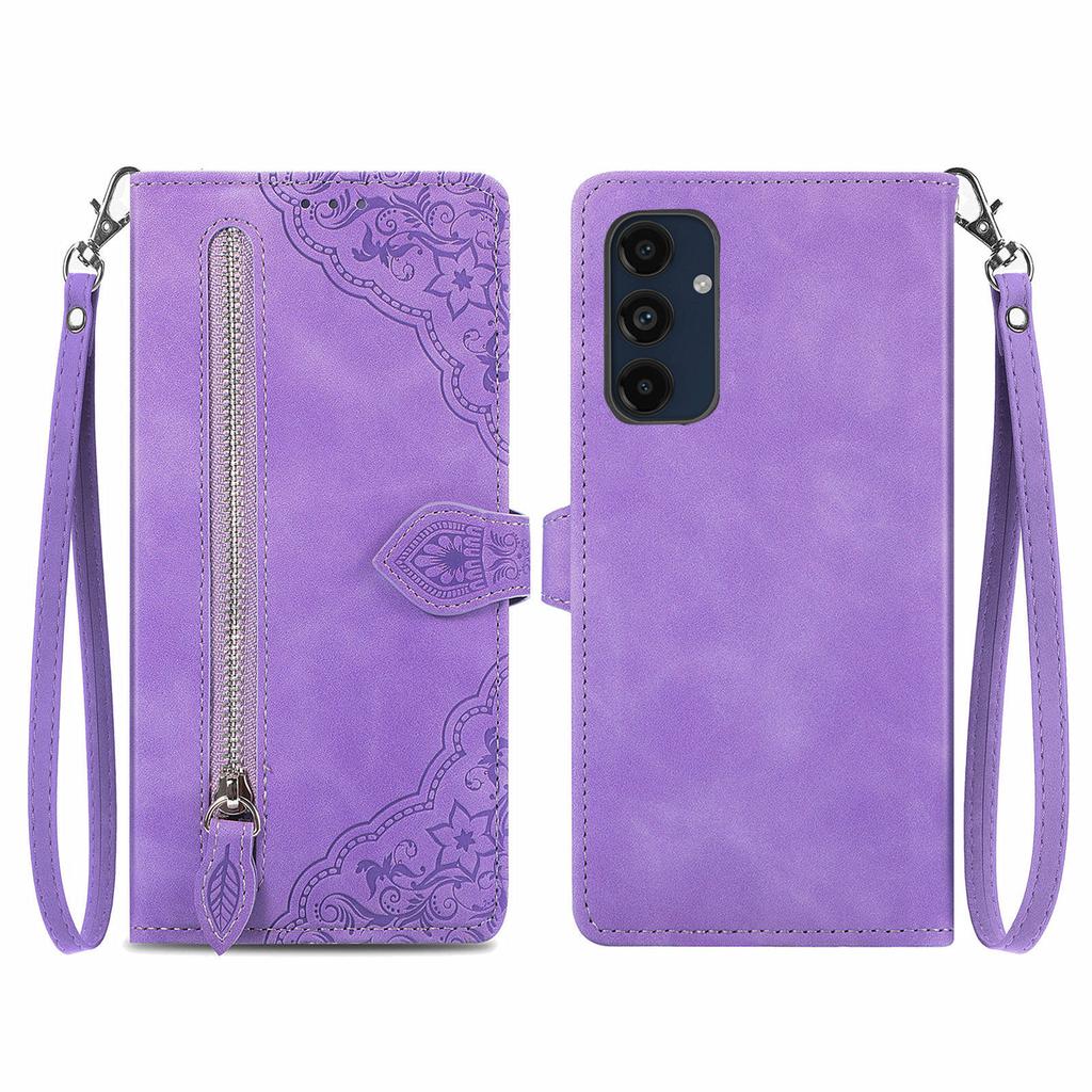 For Samsung Galaxy A16 5G/A16 4G Zipper Wallet Case with Strap Flower Imprint PU Leather Phone Cover
