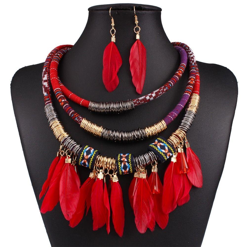 Fashion Bohemian Necklace Vintage Necklace Earrings Set Feather Tassel Necklace  Dating Accessories