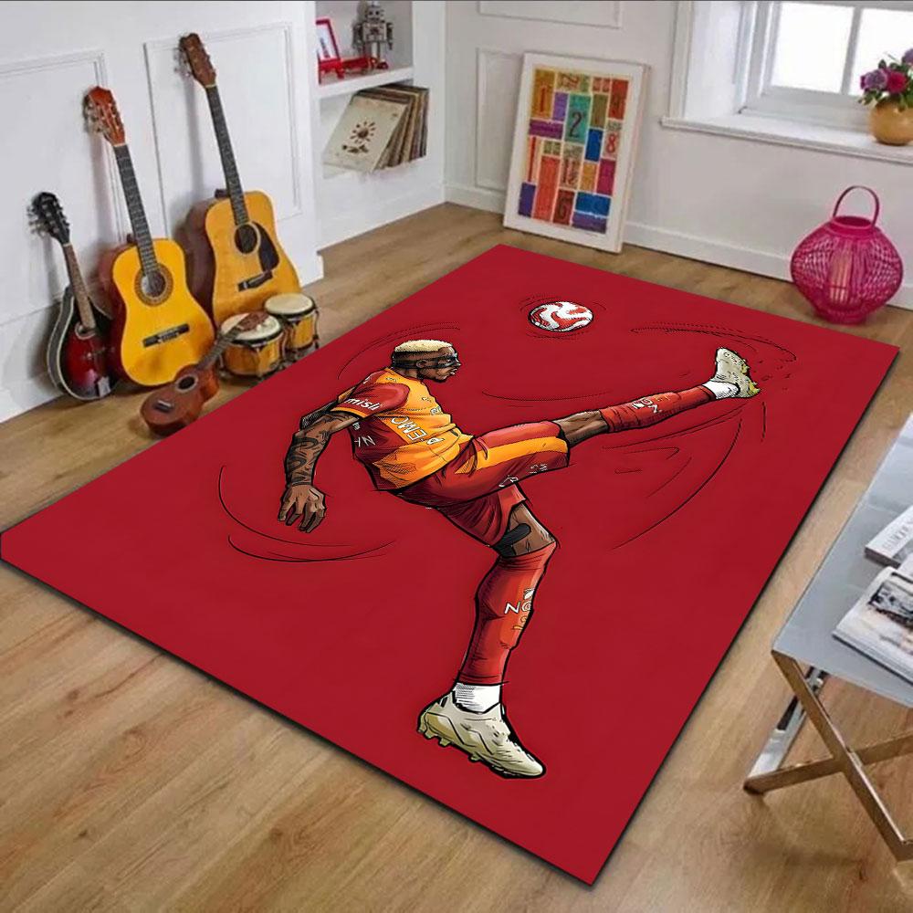 "Soccer Player In Action On Red" Patterned Carpet, Non Slip Mat Suitable for Living Room and Bedroom Sofas