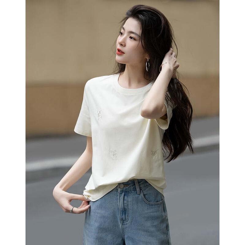 Demana Summer Beaded Cotton Blend Short Sleeve T-Shirt S