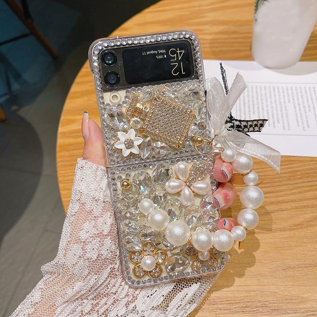 

Роскошный блестящий чехол для телефона со стразами для Samsung Galaxy Z Flip 4 3, прозрачный жесткий чехол с портативным жемчужным браслетом, веревка через плечо For Samsung Z Flip 3