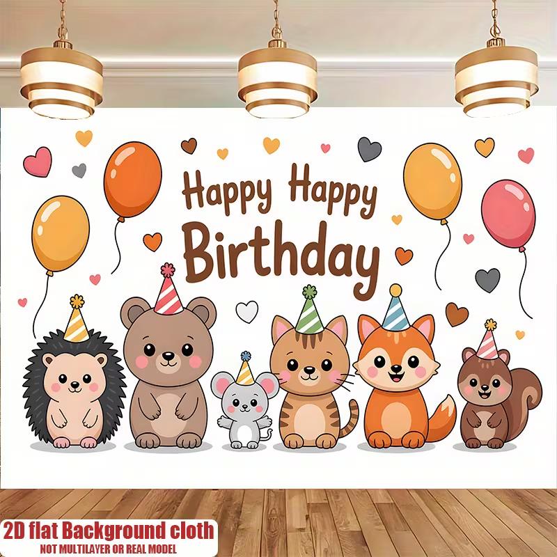 

2D Woodland Animals Happy Birthday Backdrop, Kids Party Photography Background Cloth 47.2x31.5inch/120*80cm