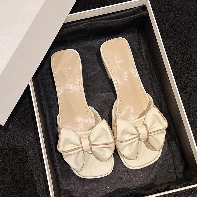 2025 spring and summer women's French sandals fashion trend thick heel half drag bow one word drag outer wear square head
