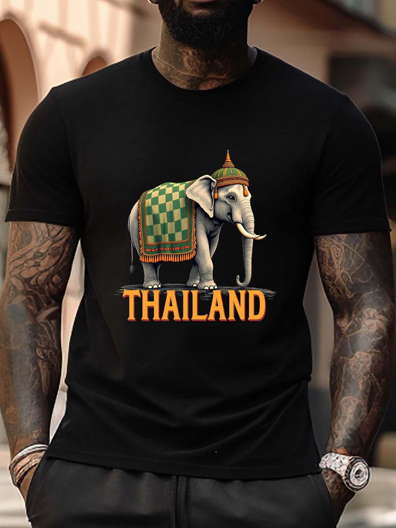 

Thai Elephant Graphic T-shirt - Dark Background with Traditional Thai Colors (Green/Orange/Black/Gray) - Breathable Fabric for Thai Festival XL
