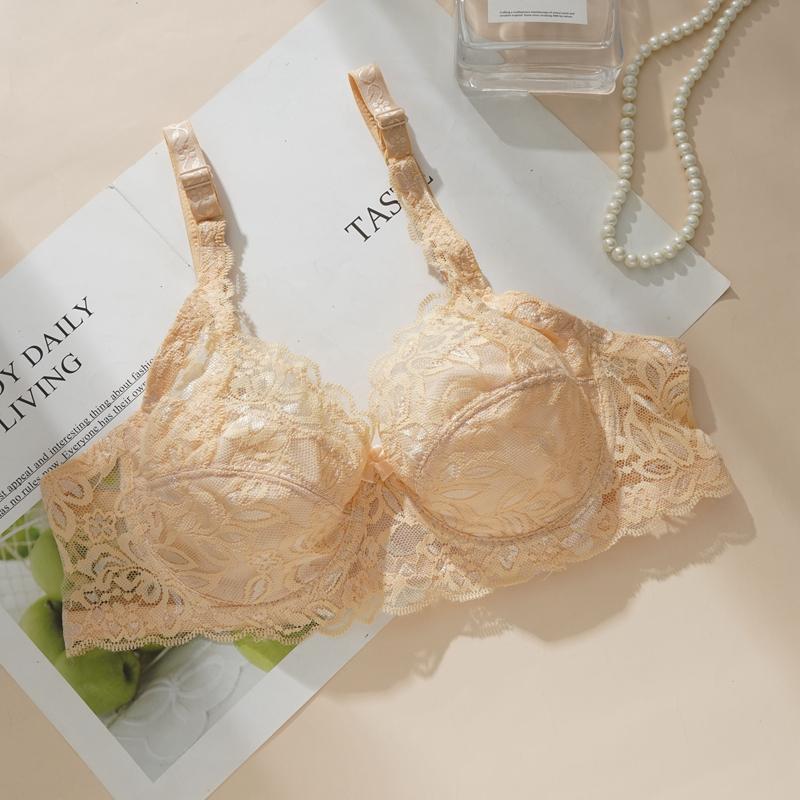 Thin Bras for Big Breasts Sexy French Underwear for Women Thin Gathered Lace Transparent Large Size Breast-collecting Bras Underwire Bra