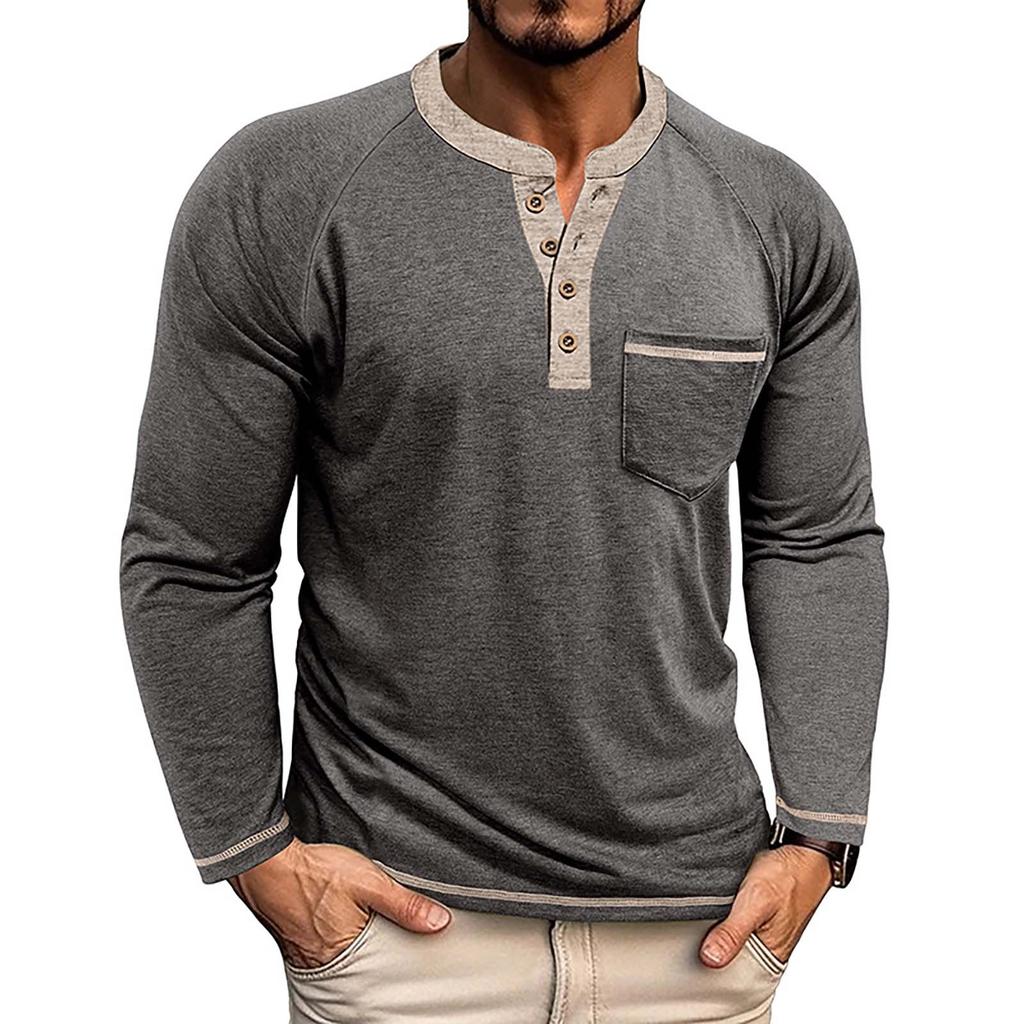 Men's Button Lapel Colored Cotton Long Sleeved Base Men's Top
