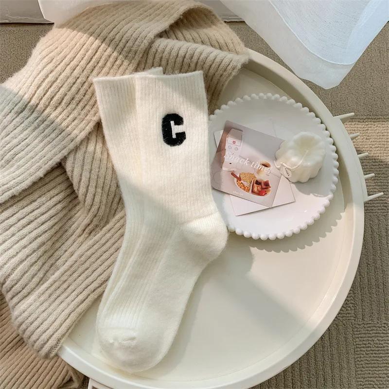 Women Wool Socks Warm Winter Thick Cashmere Casual Japanese Fashion Solid Color Comfortable Home Sock Long High Quality