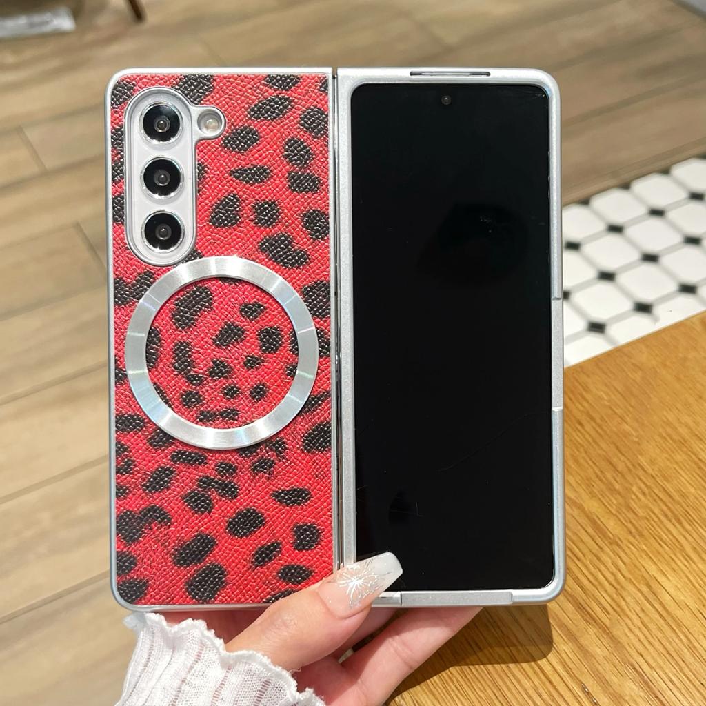Higth Quality Busine Sle Leopard Pattern Leather Case for Samsung Galaxy Z Fold 7 6 5 4 Magnetic Magsafe Wireless Charge Cover