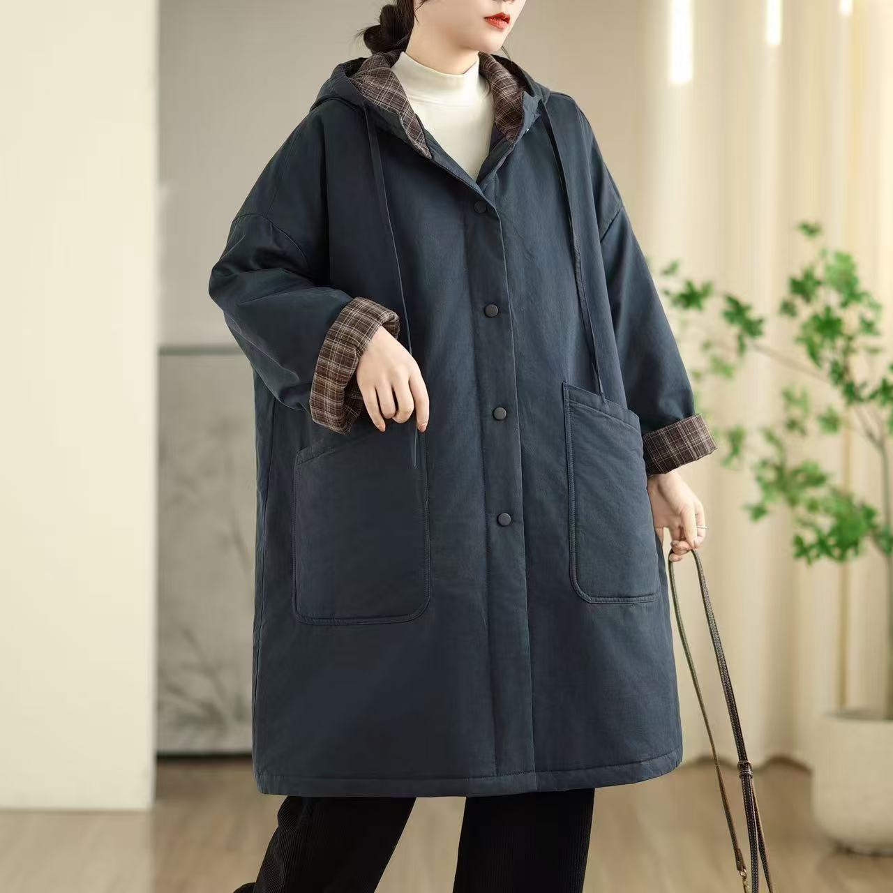 

Johnature Женские винтажные теплые зимние пальто с капюшоном на пуговицах с длинным рукавом One Size