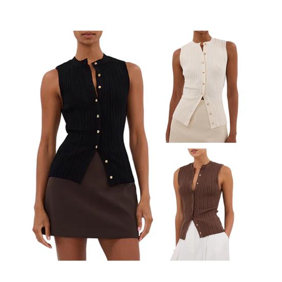 Summer Vest V-Neck Sleeveless Single-Breasted Design Tank Tops with Wrinkled Decoration Regular Fit Tops