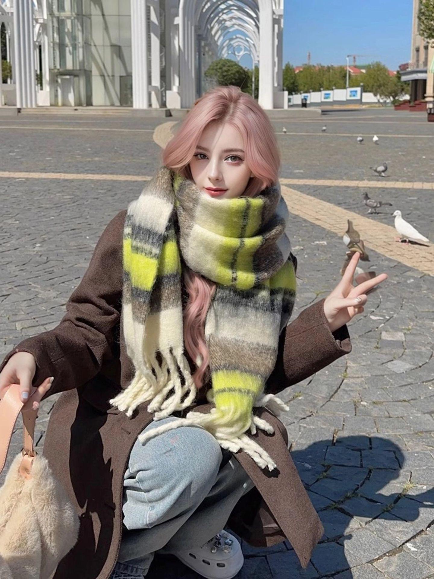 

Женский зимний шарф: Высококачественная цветная меховая шаль с кисточками, теплая, универсальная, полосатая шейная повязка 210x40 cm